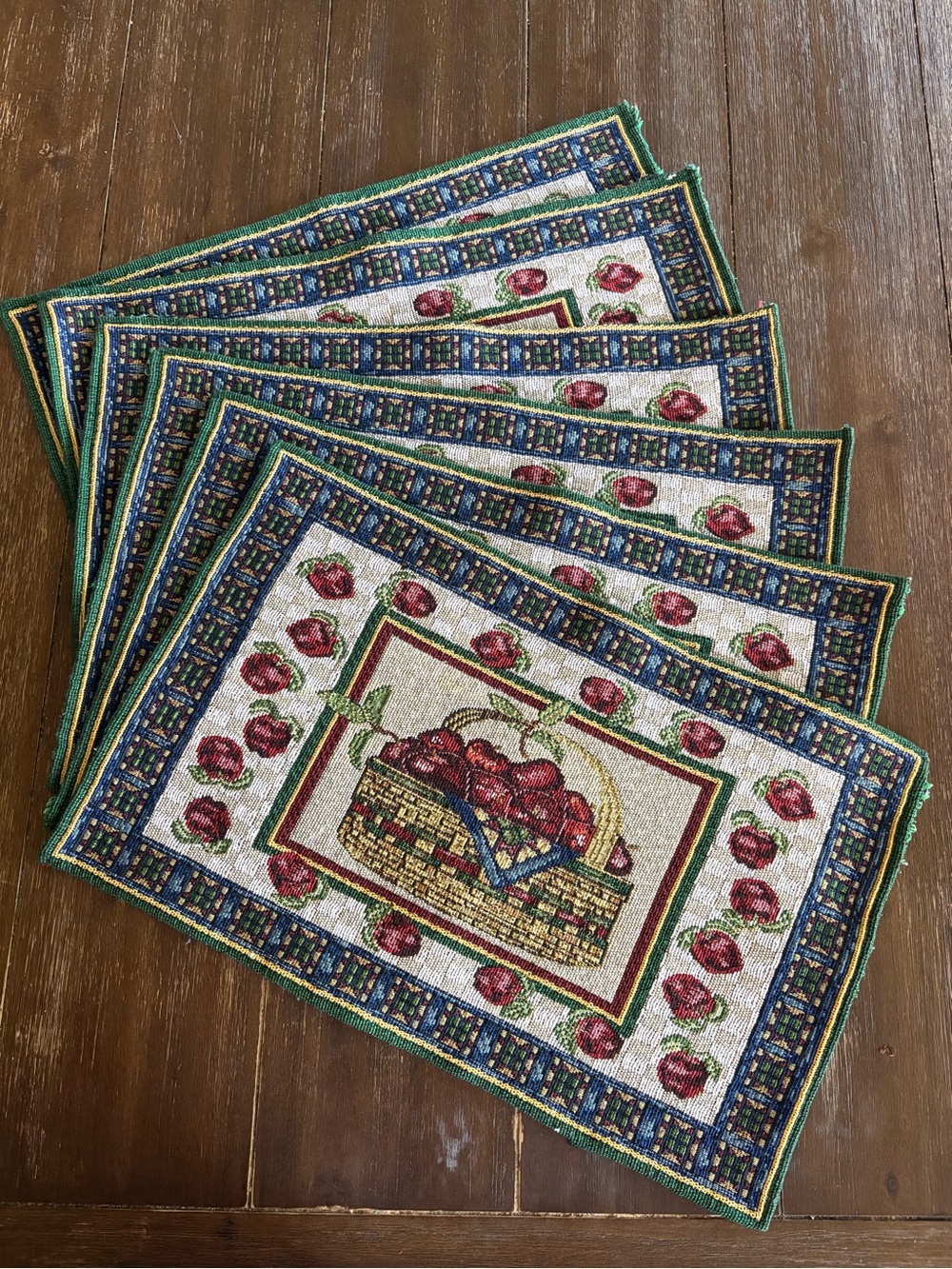 Vintage Tapestry Placemat Set of 6 Fruit Basket Apple Country Cottage Decor